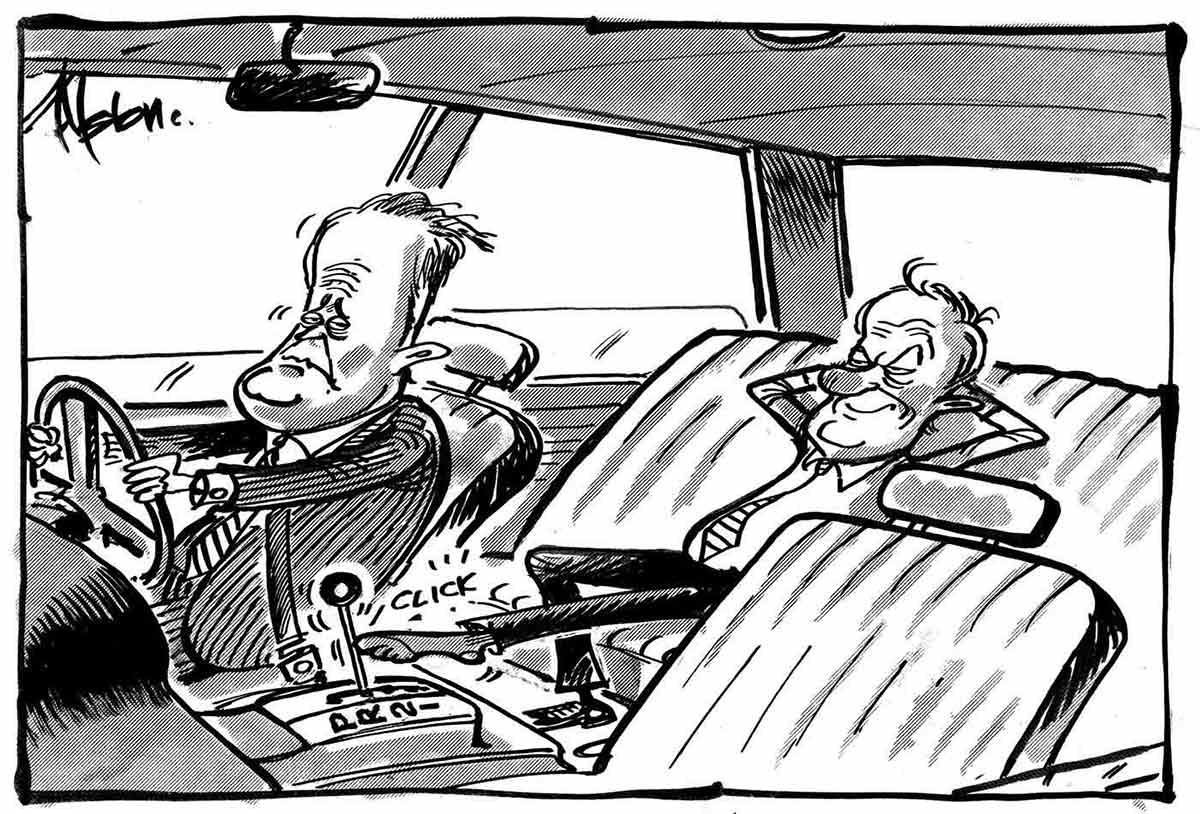 A black and white cartoon depicting Malcolm Turnbull, looking resigned and wearing a pin-striped business suit, sits at the wheel of a car, as a gleeful Peter Costello reclines in the back seat. Mr Costello's left leg is extended forward to move the car's gears into place. - click to view larger image
