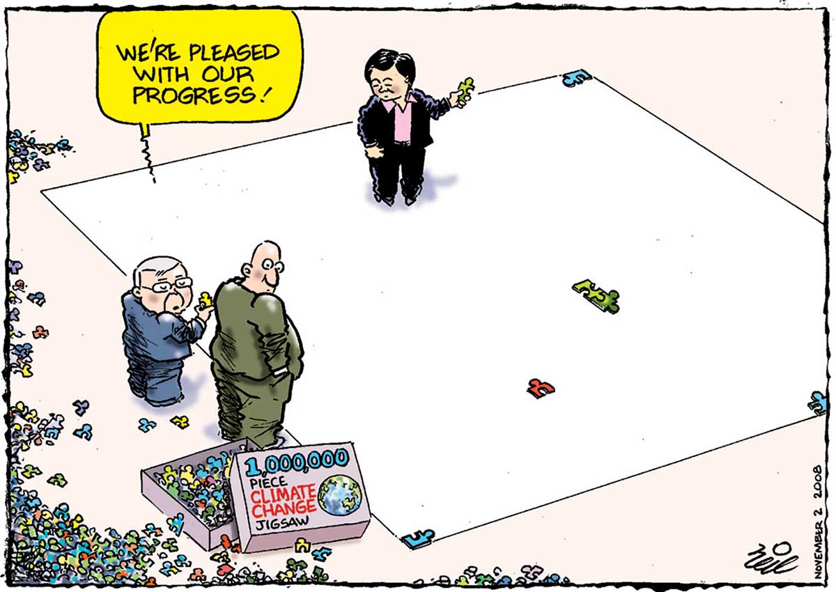 A colour cartoon depicting Kevin Rudd and another man stand beside a large, mainly blank canvas, looking at a box marked '1,000,000 piece climate change jigsaw'. The box contains numerous small jigsaw pieces and others are strewn about the floor. Penny Wong stands on the canvas, where a few pieces have been placed. - click to view larger image
