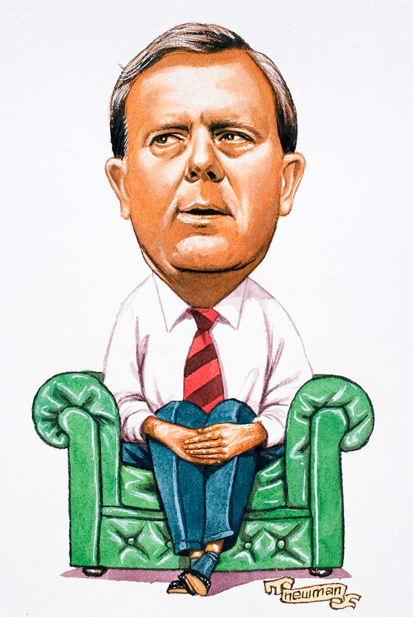 Political cartoon of Peter Costello sitting in a green leather chair with both hands folded over his knees, his eyes looking to his right and waiting. - click to view larger image