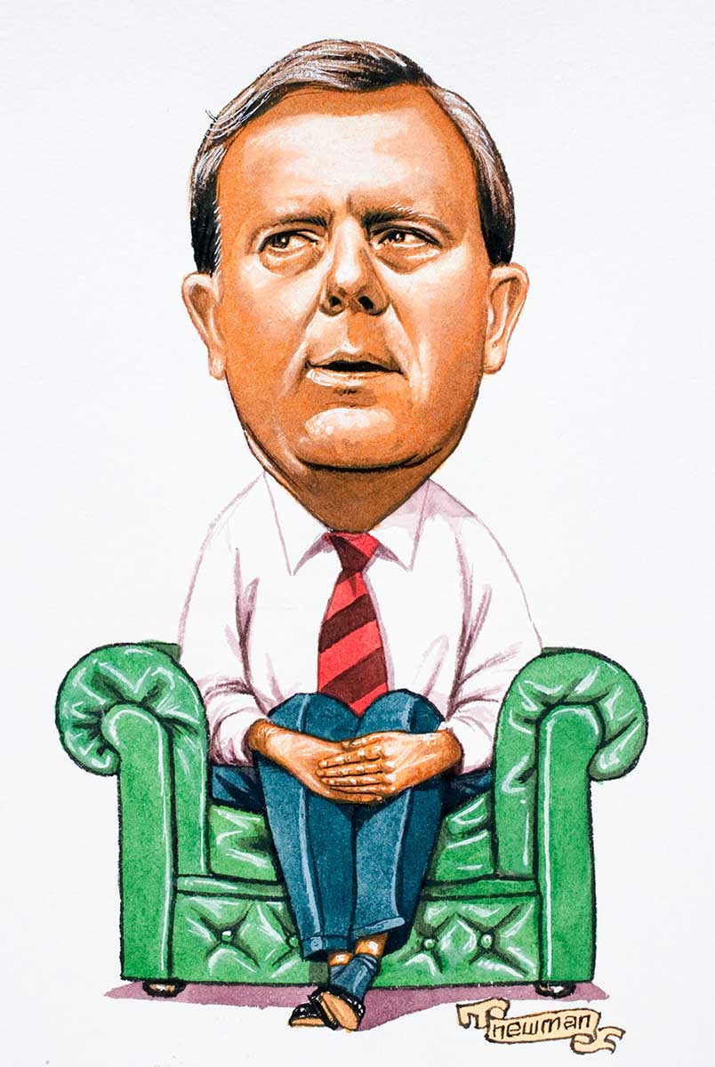 Cartoon of Peter Costello sitting in a green leather chair with both hands folded over his knees, his eyes looking to his right and waiting - click to view larger image