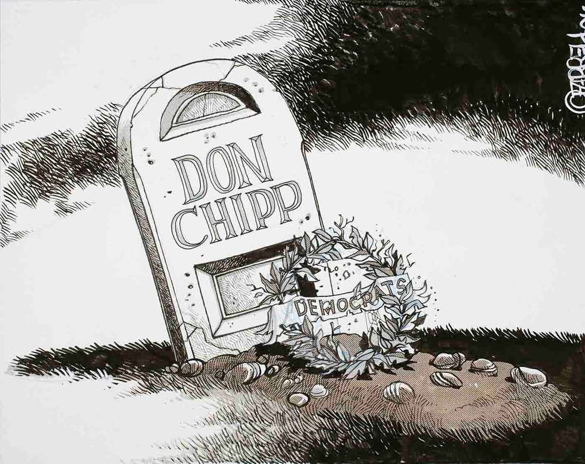 Political cartoon of a grave site with the headstone reading 'Don Chipp' and a wreath marked Democrats lying against it. - click to view larger image