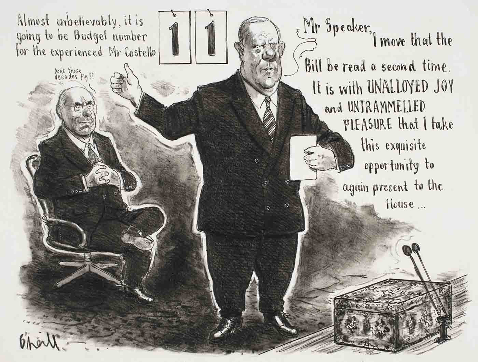 Cartoon showing Peter Costello presenting Budget number 11 - John Howard is in the background saying "Don't those decades fly!" - click to view larger image