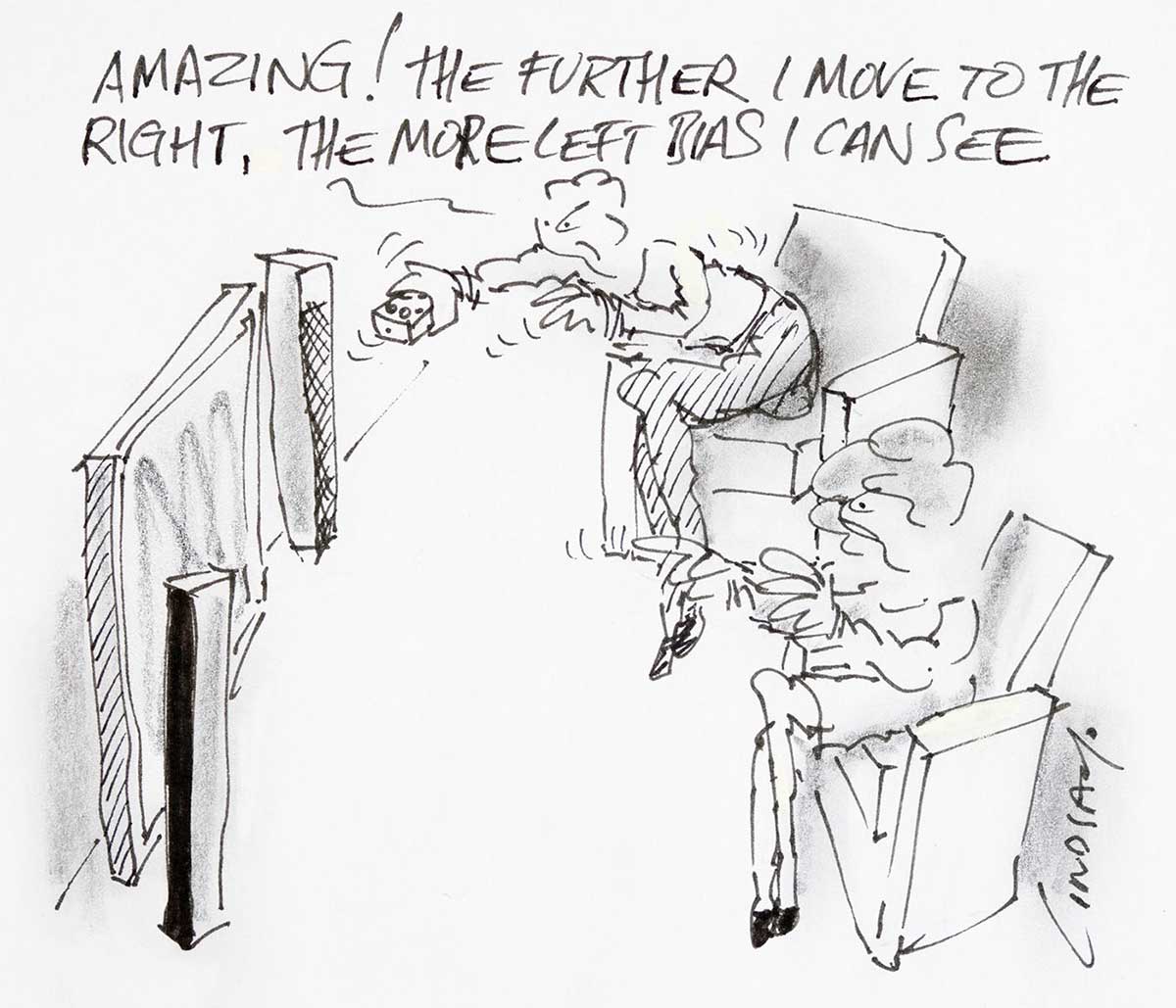 Political cartoon of two people watching ABC TV and one person commenting, 'Amazing!, the further I move to the right, the more left bias I can see'. - click to view larger image
