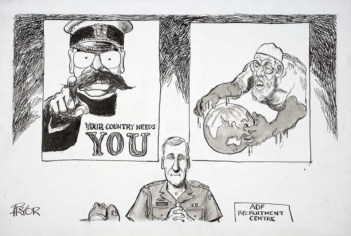 Political cartoon of an Australian Defence Force officer sitting at a desk in the ADF Recruitment Centre with two posters behind him. One shows a military officer pointing his finger with the slogan, 'Your country needs you'; the other shows a man of Muslim origin with big monster like arms grabbing the globe of the world. - click to view larger image