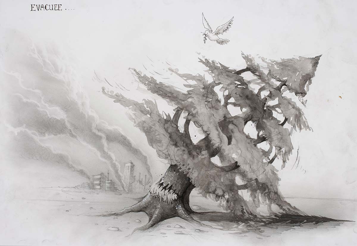 Cartoon of a peace dove fleeing a burning city, flying over a fallen tree. - click to view larger image
