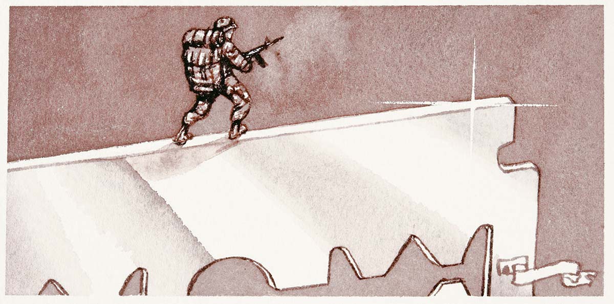 Political cartoon of an army soldier walking along the edge of a very large razor blade. - click to view larger image