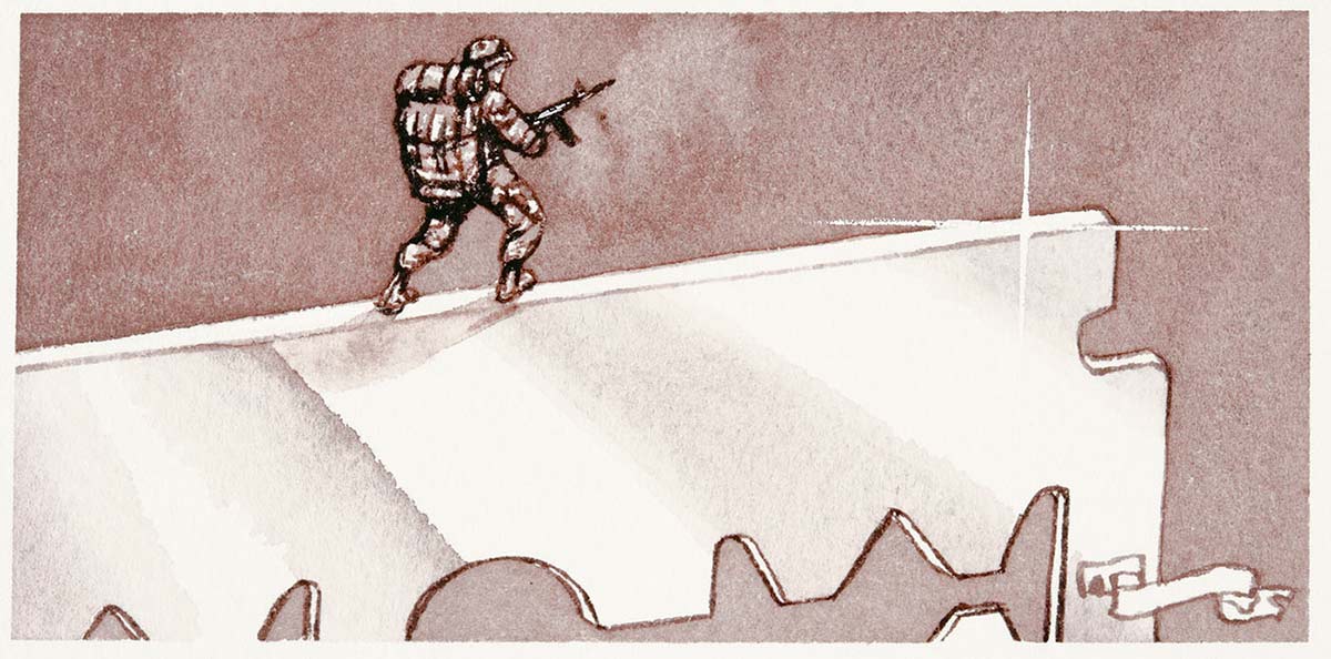 Cartoon of an army soldier walking along the edge of a very large razor blade. - click to view larger image
