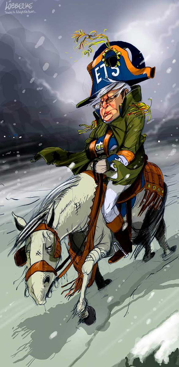 Political cartoon depicting Kevin Rudd wearing military clothing from the Napoleonic period. His hat has 'ETS' on the front. Like Napoleon, he has one hand thrust into his coat. He is riding a tired white horse. Around them blows a harsh wind and snow flurries. The ground is covered in snow and the background sky is dark and ominous. - click to view larger image