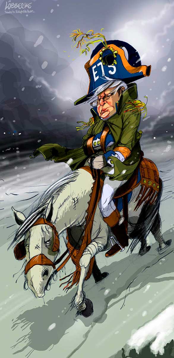 A colour cartoon depicting Kevin Rudd wearing military clothing from the Napoleonic period. His hat has 'ETS' on the front. Like Napoleon, he has one hand thrust into his coat. He is riding a tired white horse. Around them blows a harsh wind and snow flurries. The ground is covered in snow and the background sky is dark and ominous. - click to view larger image