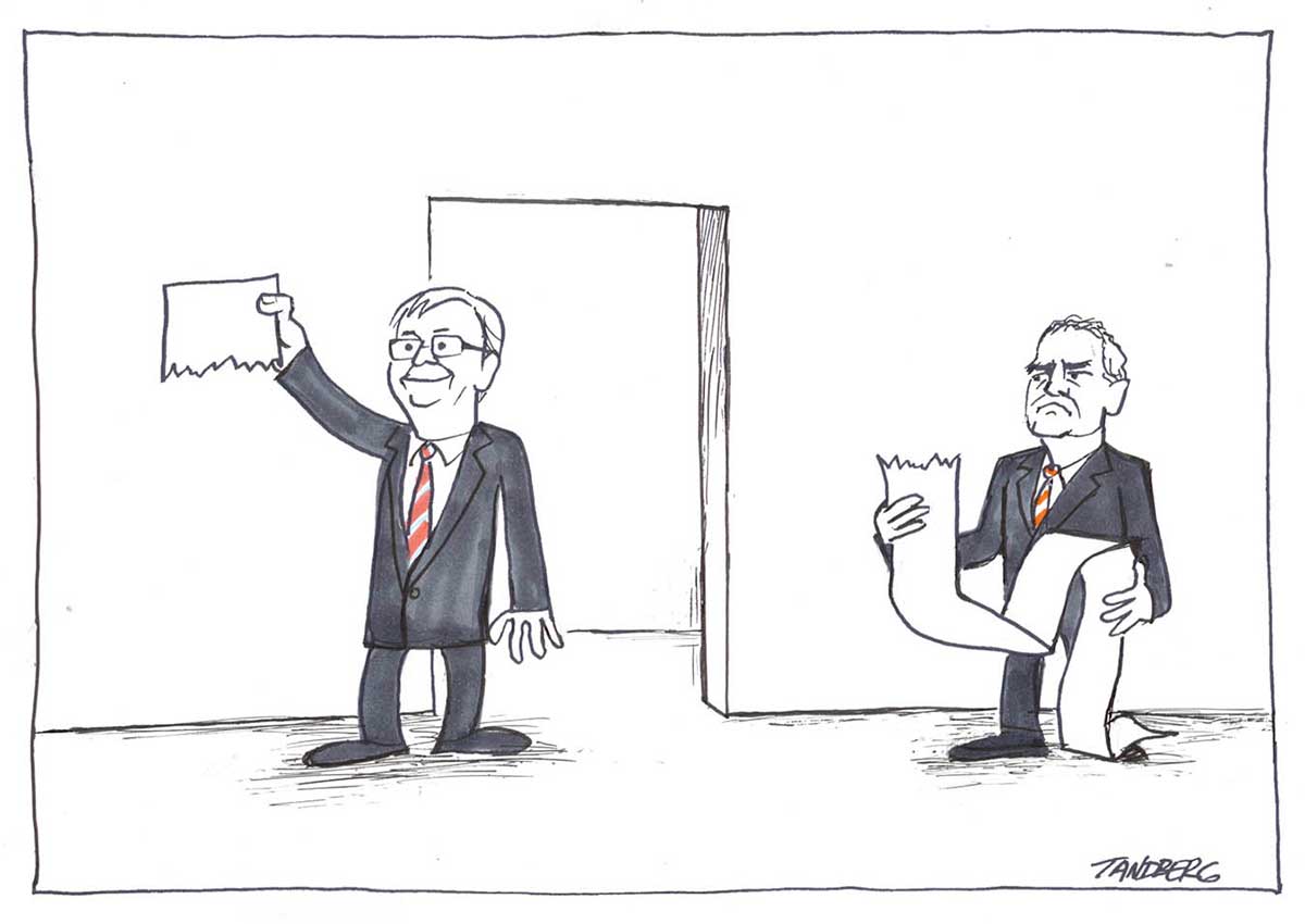 Political cartoon depicting Kevin Rudd and Ken Henry. Kevin Rudd has emerged from a doorway, holding aloft a short piece of paper with a torn bottom edge. He smiles triumphantly. To the right of the doorway stands Ken Henry, holding a very long piece of paper with a torn top edge. He looks annoyed. Both men wear dark suits with red and white striped ties.  - click to view larger image