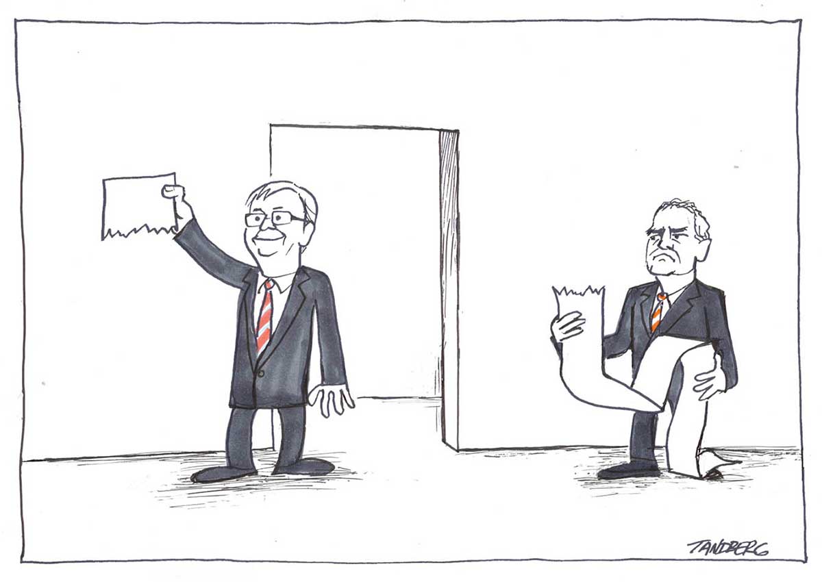 A mostly black and white cartoon depicting Kevin Rudd and Ken Henry. Kevin Rudd has emerged from a doorway, holding aloft a short piece of paper with a torn bottom edge. He smiles triumphantly. To the right of the doorway stands Ken Henry, holding a very long piece of paper with a torn top edge. He looks annoyed. Both men wear dark suits with red and white striped ties. - click to view larger image