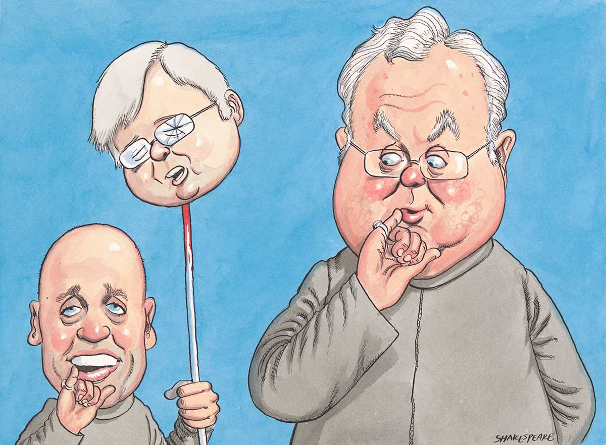 A colour cartoon depicting Graham Richardson as 'Dr Evil' from the Austin Powers movies and Mark Aribb as 'Mini me' from the same movies. Richardson stands to the right of the cartoon, wearing a grey collarless jacket. He has the pinky finger of his right hand held up to the corner of his mouth. He looks down at 'Mini me' Mark Arbib, who stands to the left in the cartoon. Arbib wears a small version of the same jacket, and has his pinky on his right hand held to his mouth as well. He holds a stick in his left hand. On top of the stick is Kevin Rudd's head. There is blood on the stick. One of the lenses in Rudd's glasses is broken. - click to view larger image