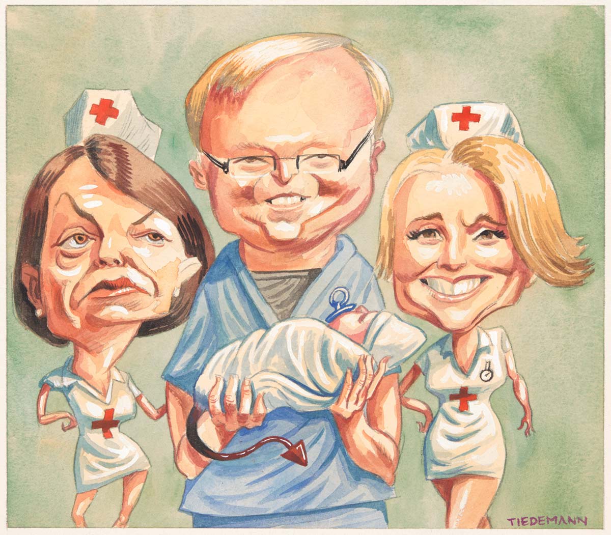 A colour cartoon depicting Kevin Rudd, Kristina Keneally and Anna Bligh. Rudd, between Keneally and Bligh, wears a blue surgeon's smock and holds a baby wrapped in a blanket. The baby has a long devil-like tail emerging from the blanket. Both women wear nurse's uniforms, with red crosses on them. The skirts are quite short. Keneally grins broadly while Bligh looks at Rudd with an expression of distrust. - click to view larger image