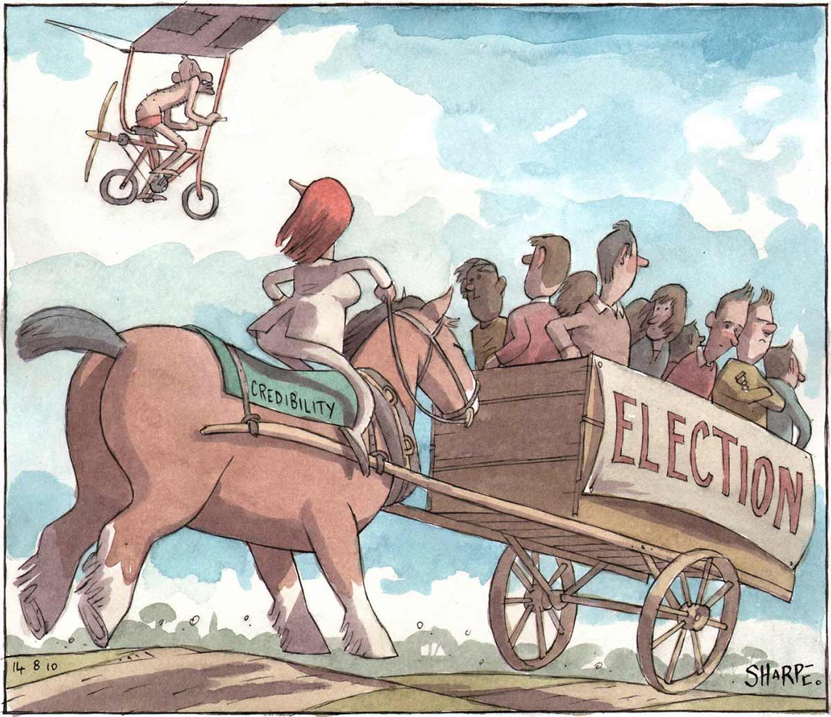 A colour cartoon depicting Julia Gillard galloping across a landscape on a large horse. The horse has 'Credibility' on the blanket on its back, and is attached to a cart in front of it. On the side of the cart is a sign that says 'Election'. In the cart are several people, looking in different directions. One man has his arms folded and looks annoyed. In the sky nearby, Tony Abbott is seen pedalling a flying bicycle, with wings and a propellor on the back. He heads in the same direction as Gillard, and wears a pair of red swimming trunks. She looks up at him. - click to view larger image