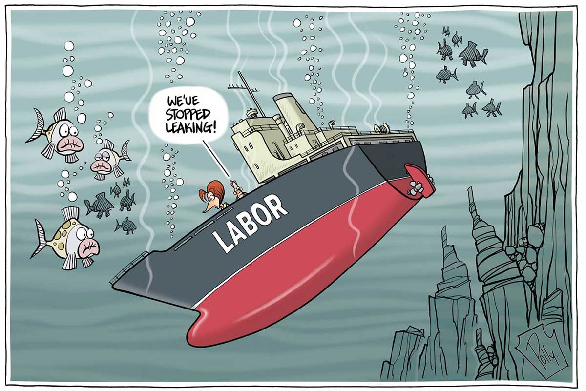 Political cartoon depicting a sinking ship. The ship has a red and grey hull and 'Labor' on the side of the hull. It is sinking down into the depths of the ocean, watched by some fish. On the deck stands Julia Gillard and a man. The man is saying to her 'We've stopped leaking!'. - click to view larger image