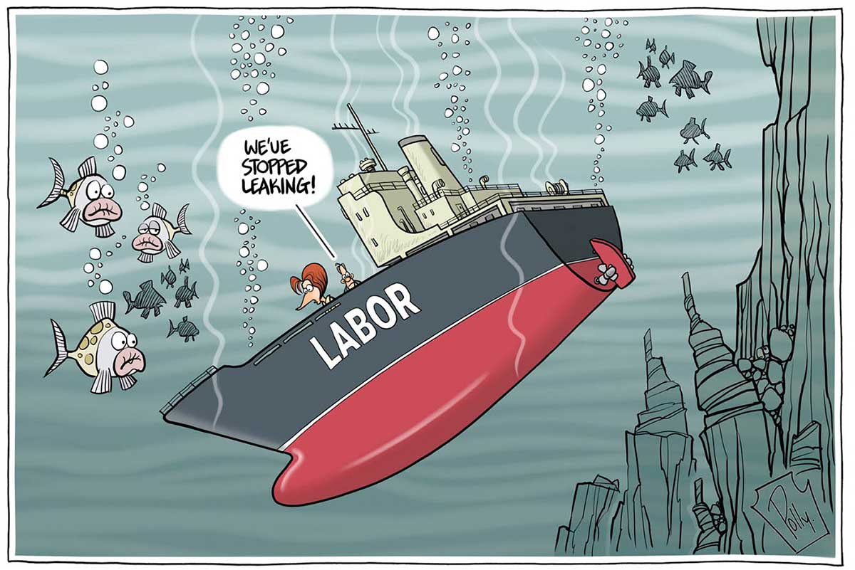A colour cartoon depicting a sinking ship. The ship has a red and grey hull and 'Labor' on the side of the hull. It is sinking down into the depths of the ocean, watched by some fish. On the deck stands Julia Gillard and a man. The man is saying to her 'We've stopped leaking!' - click to view larger image