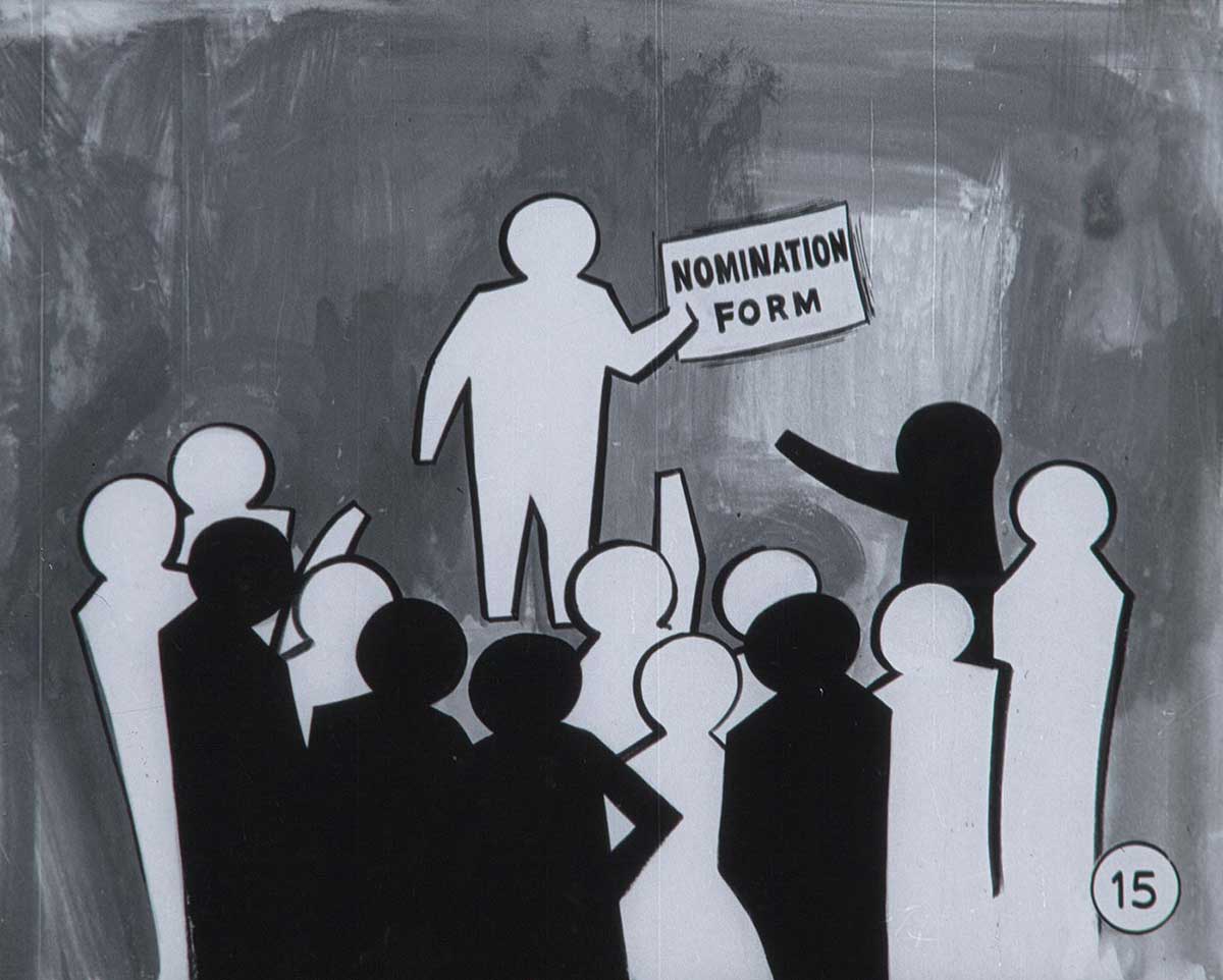 Illustration featuring basic human forms. One person is holding a sign with the words: NOMINATION FORM.
