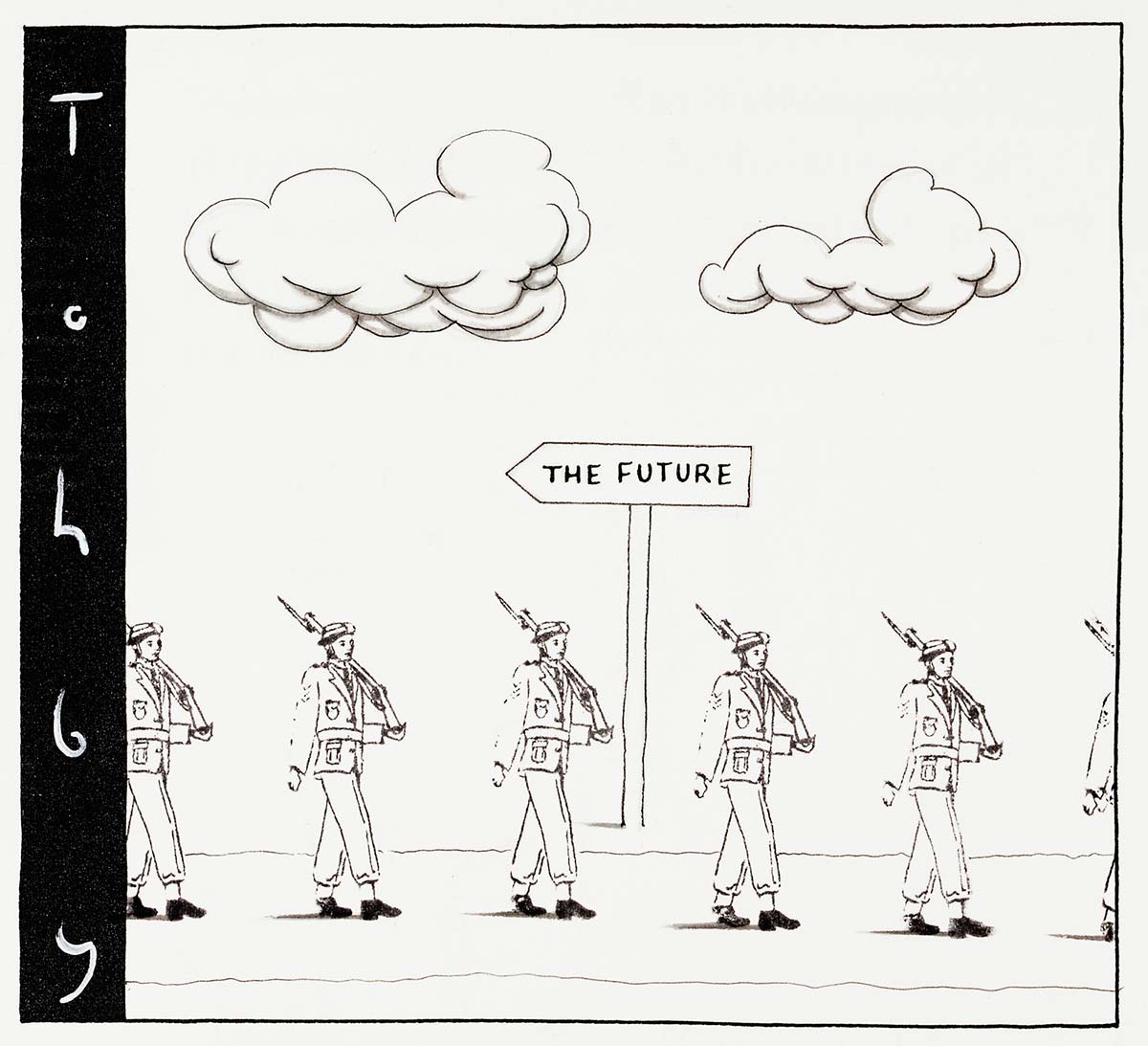 A black and white cartoon. A row of soldiers with rifles over their shoulders march to the right. A sign behind labelled 'The future' points to the left. - click to view larger image