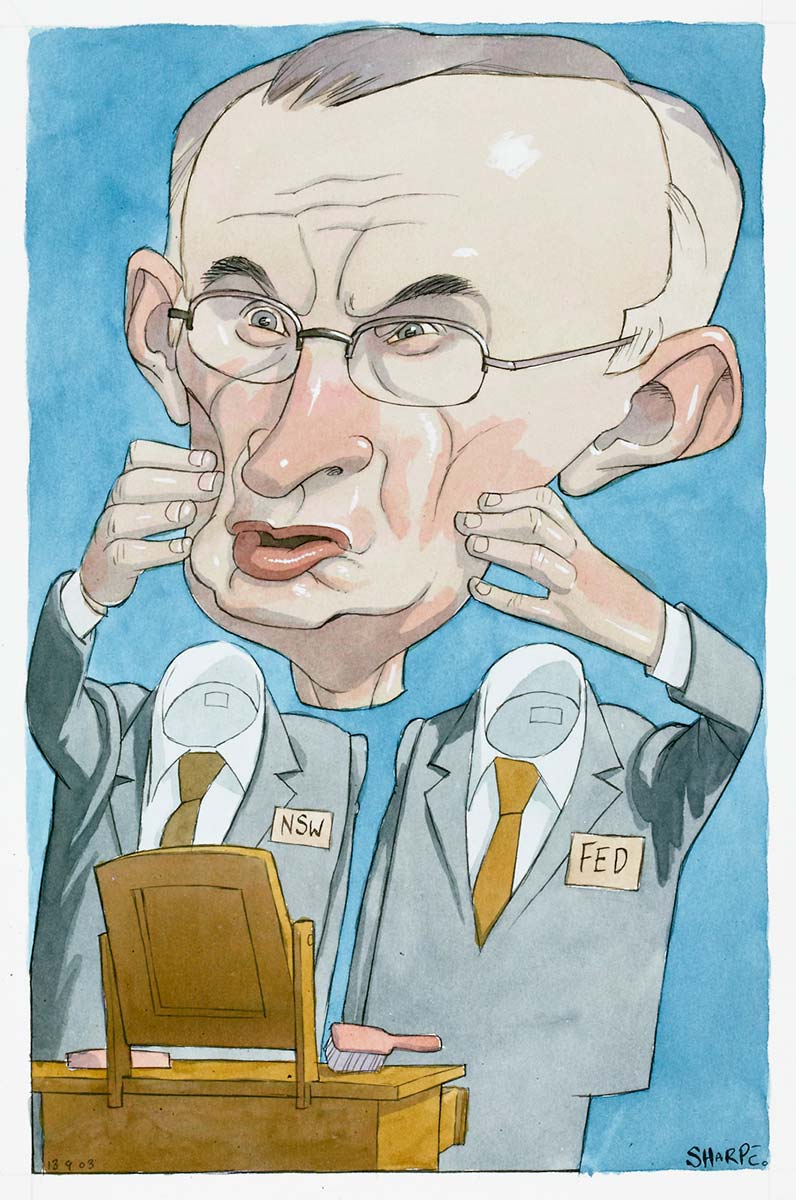 A cartoon of two headless bodies holding a single head between them, standing in front of a small mirror. One body has a badge reading 'FED', the other 'NSW'. - click to view larger image