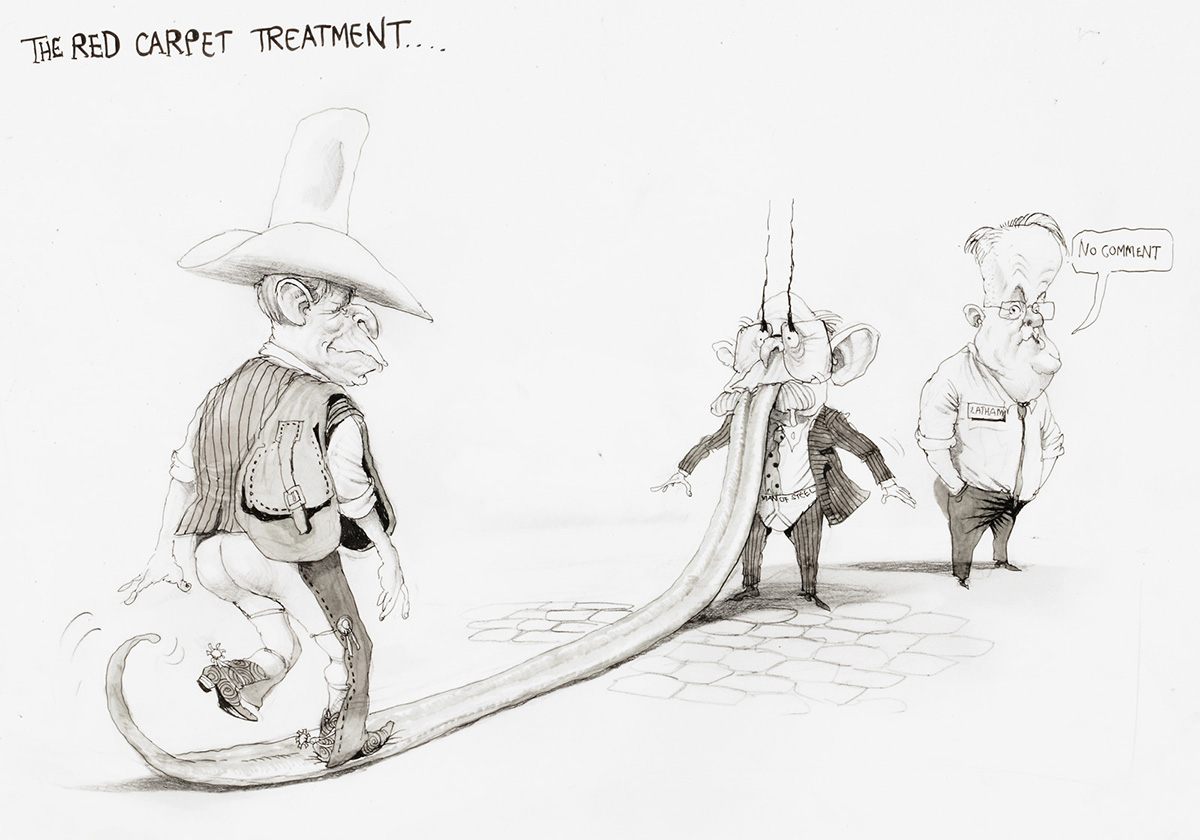 A comic featuring George Bush walking along John Howard tongue, which is unfurled several meters along the ground. Howard is wearing his underwear over his pants. Bush has a saddle over his shoulder, and is wearing chaps without pants. Mark Latham stands nearby, saying 'No comment'. - click to view larger image