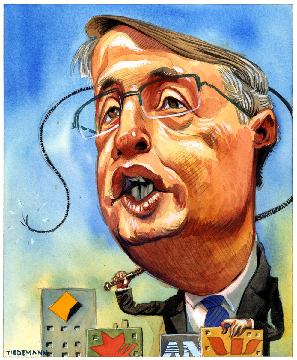 Colour illustration showing a caricature of Wayne Swan with an oversized head. He wears a suit and tie and is cracking a whip while looming over four buildings emblazoned with bank logos. - click to view larger image