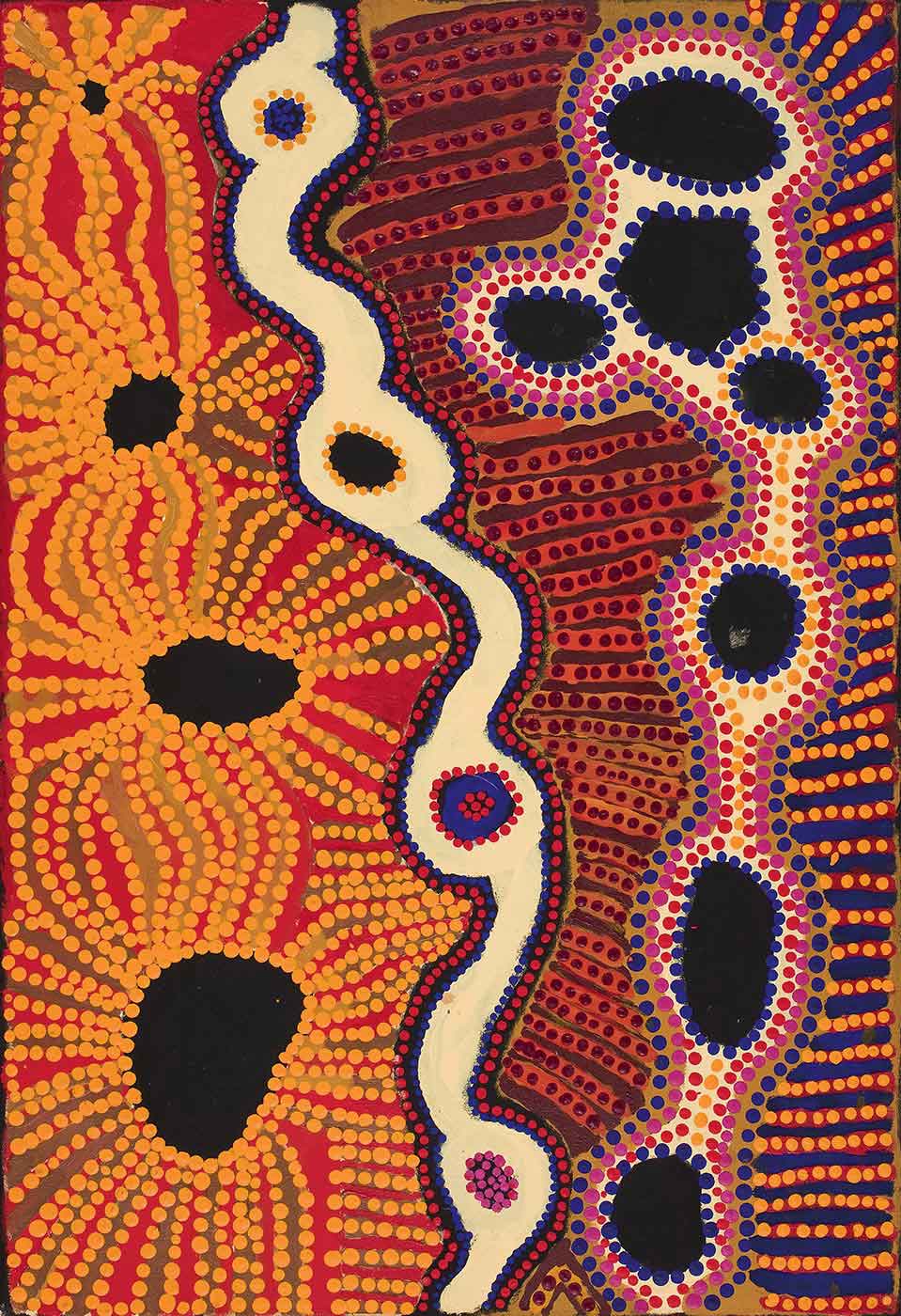 A painting on brown linen with a wavy cream line punctuated with three blue and one black circle which are decorated with dots in yellow, red or purple, down the centre. The Wavy line is edged with dots in red on a blue-black underlay. To the left of the painting are for black round shapes graduating in size from top to bottom. These black shapes have yellow dotted lines radiating out from them over a red and yellow-brown background. The right side of the painting has seven black rounded shapes with blue dotted edges surrounded by a cream colour covered in red and yellow dots. Flanking both sides of this are horizontal stripes and rows of dots in red and brown, and also in blue and yellow. - click to view larger image