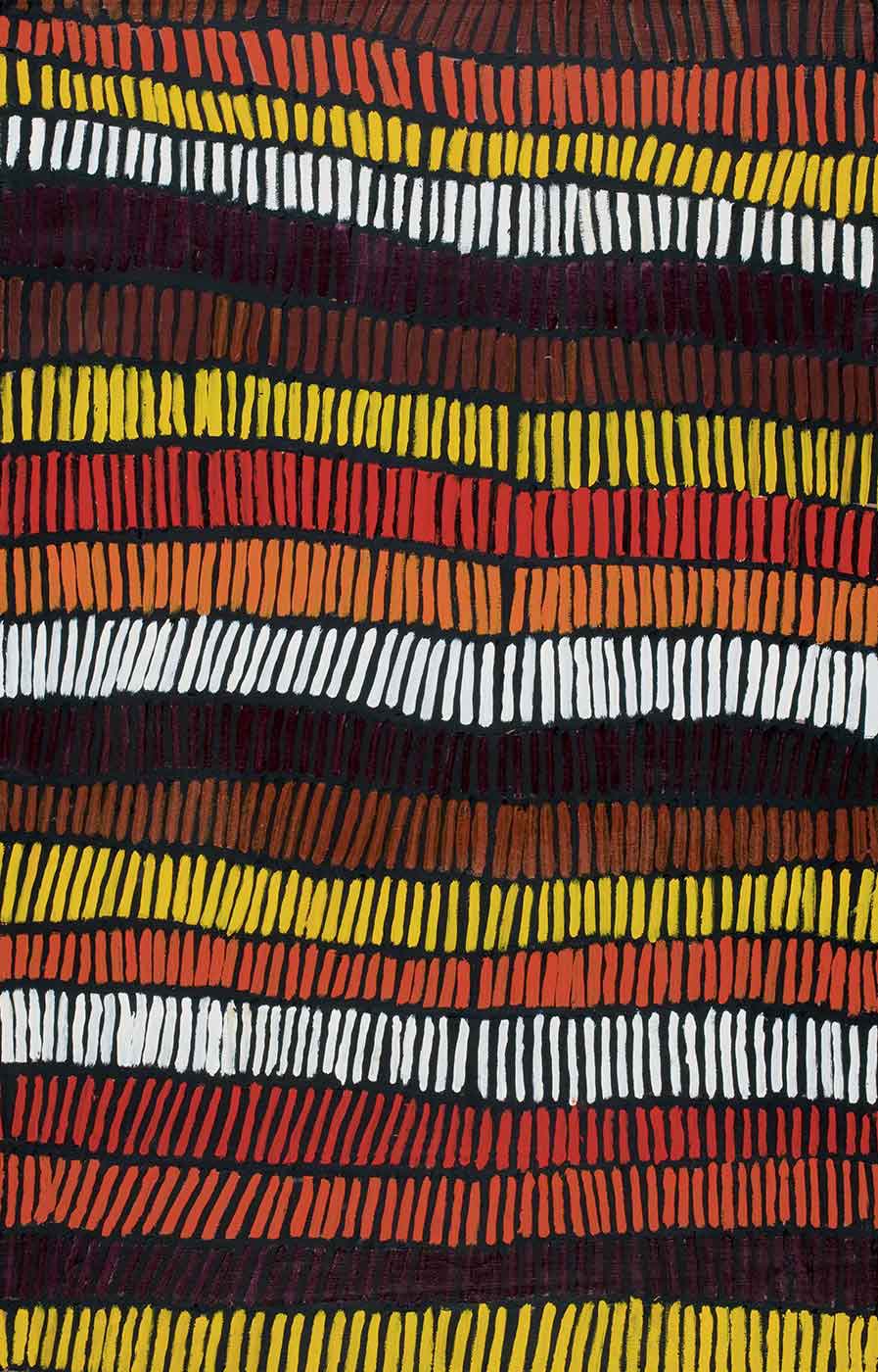 A painting on brown linen with horizontal rows of vertical strokes in yellow, brown, burgundy, orange, red and white on a black background. - click to view larger image