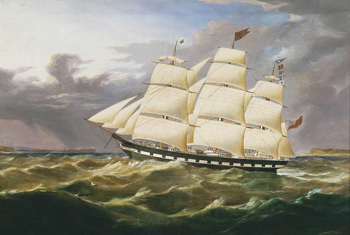 Painting of a sailing ship on rough seas.