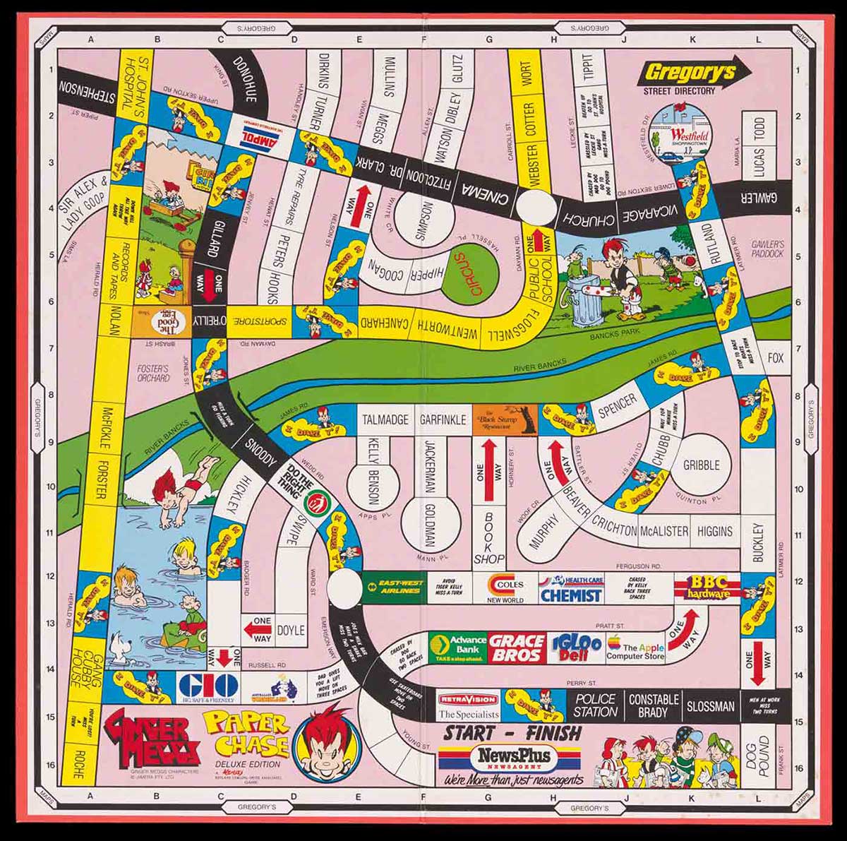 A game board titled 'GINGER MEGGS, PAPER CHASE. DELUXE EDITION' with game surface incorporating various logos including 'GREGORY'S', 'GRACE BROS', 'Advance Bank' and 'AUSTRALIA'S WONDERLAND'. - click to view larger image