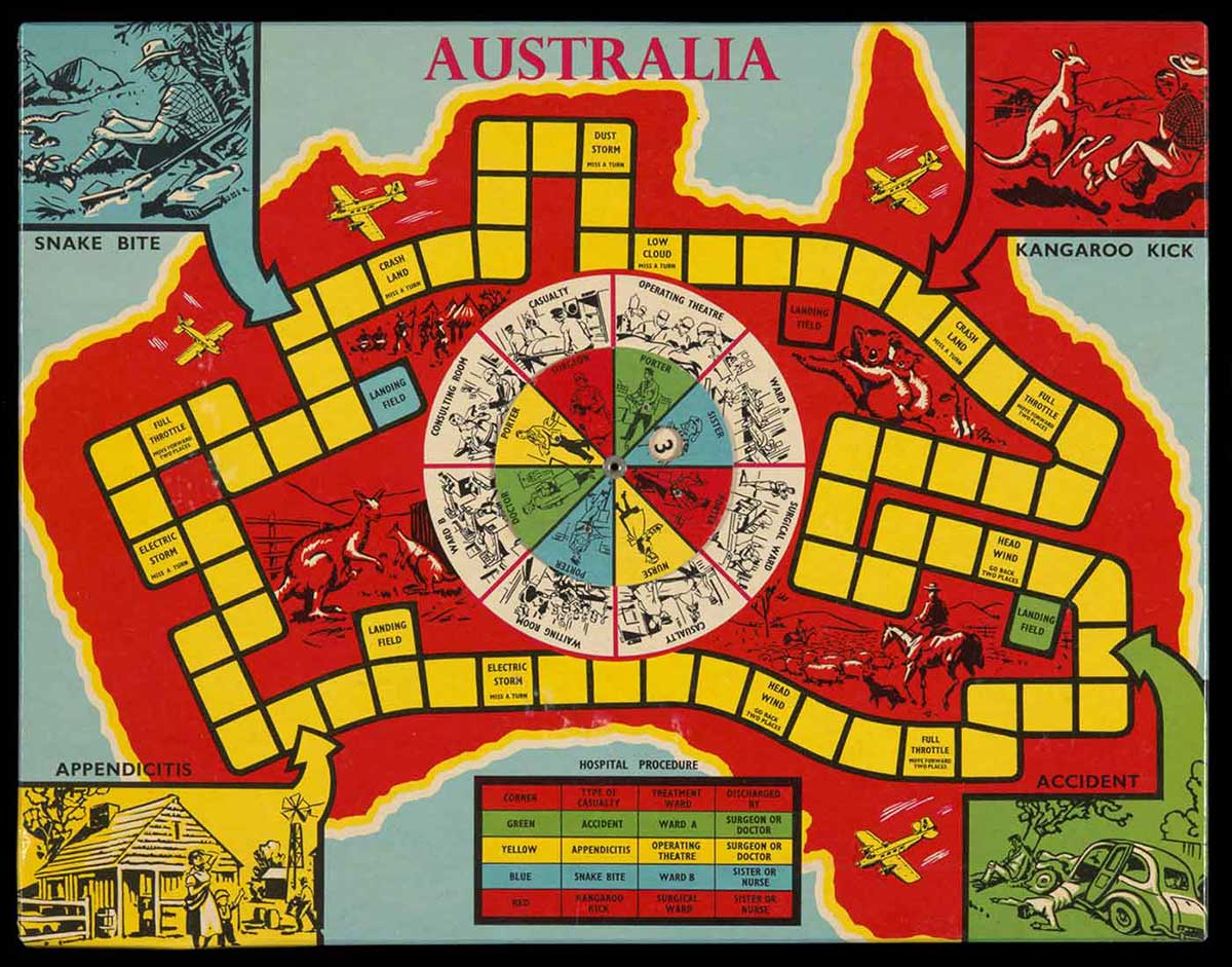 Board game with game squares on a map of Australia. Misadventures including snake bite, accident and kangaroo kick surround the map of Australia. - click to view larger image