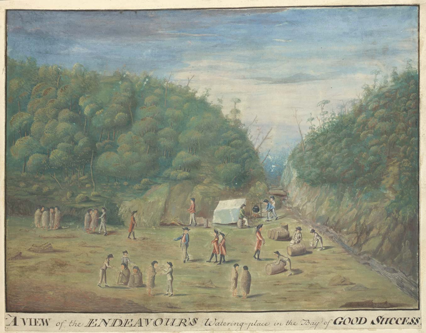 Colour print showing a group of men, some dressed in miltiary uniforms, others in sailor's attire, camped beside a small stream. Treed hillsides rise steeply on both sides. - click to view larger image