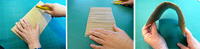 A compilation of three photos demonstrating cardboard cutting technique.