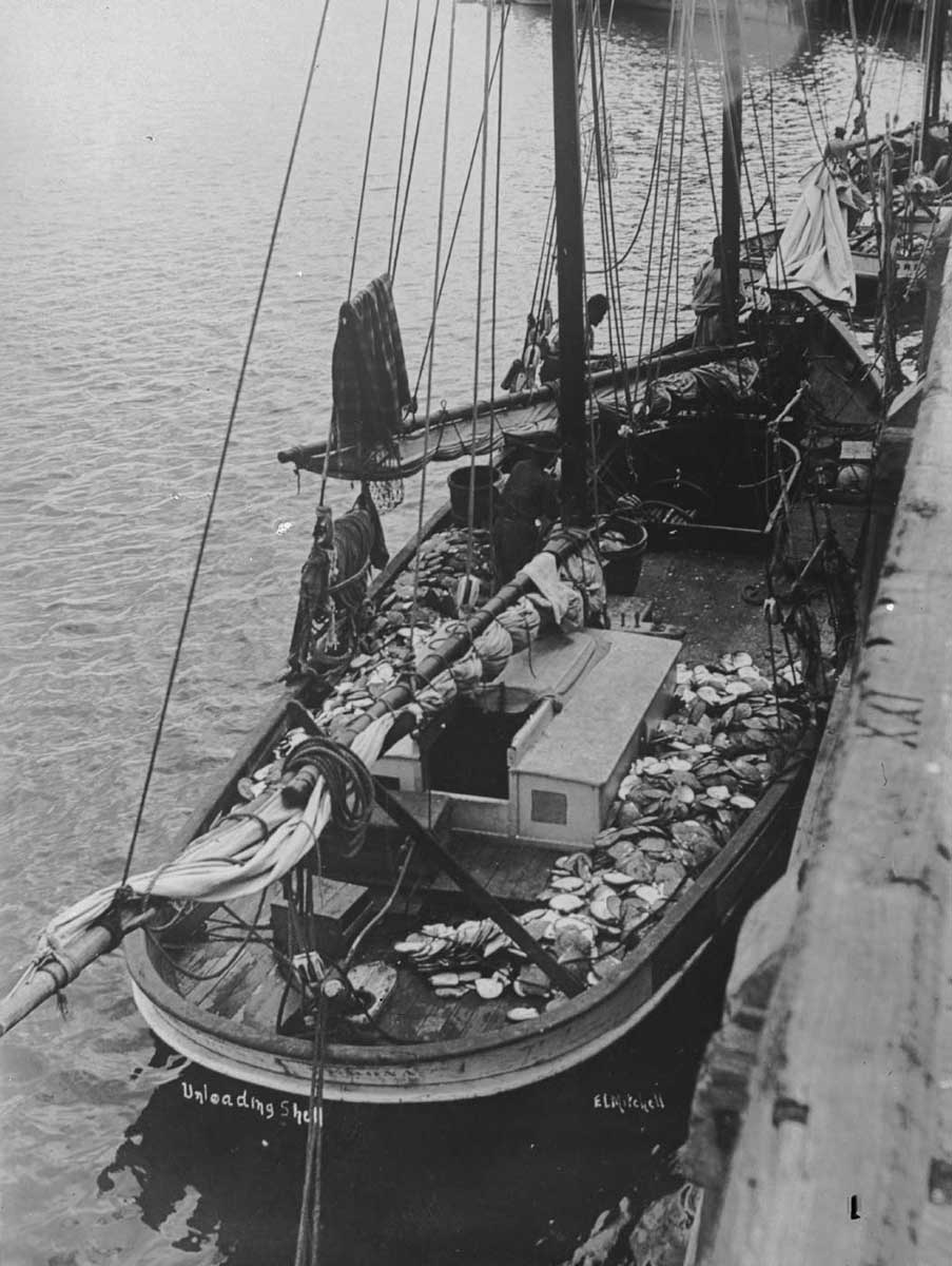 Black-and-white photo of high angle view of a sailing vessel. There are piles of shells on the deck. - click to view larger image
