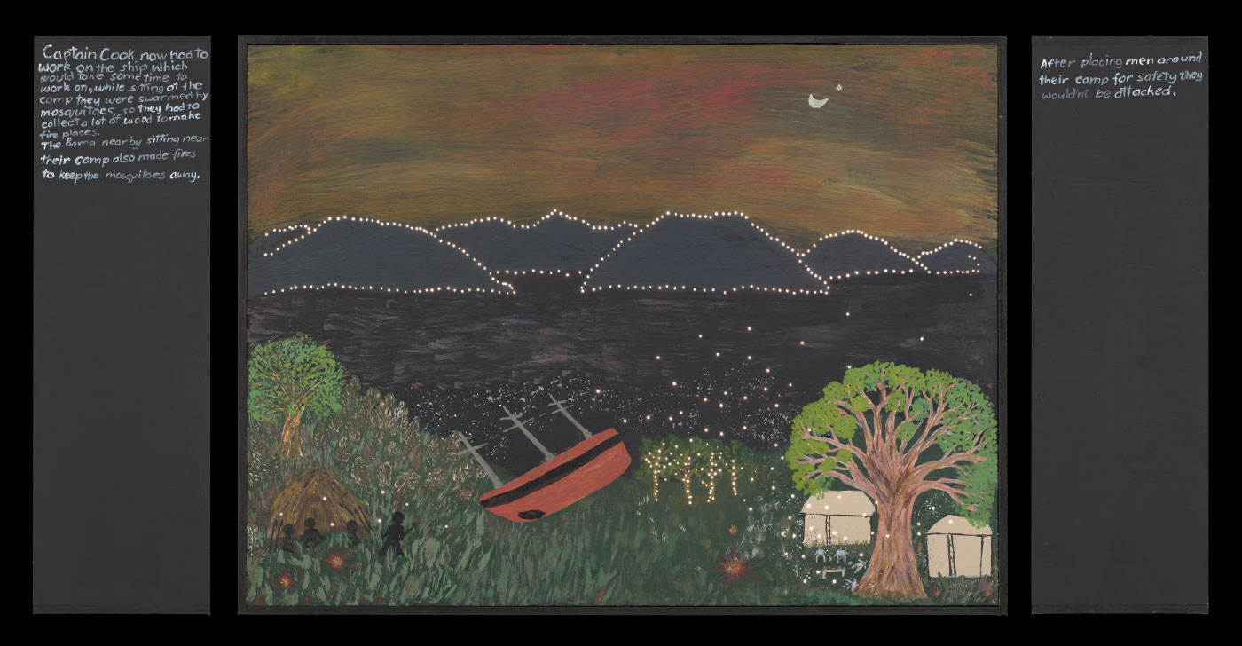 A plywood and medium density fibreboard [MDF] lightbox featuring an acrylic painting of a boat up the shore. There is a dark body of water behind it and hills beyond that. The sky is yellow, orange and grey. There is a tree in the bottom right corner of the painting. There is hand painted text on the left side of the box that begins 'Captain Cook now had to / work on the ship..' and the right side begins with 'After placing men around / their camp for safety...' Very small holes have been drilled into the painting around the prominent features. - click to view larger image