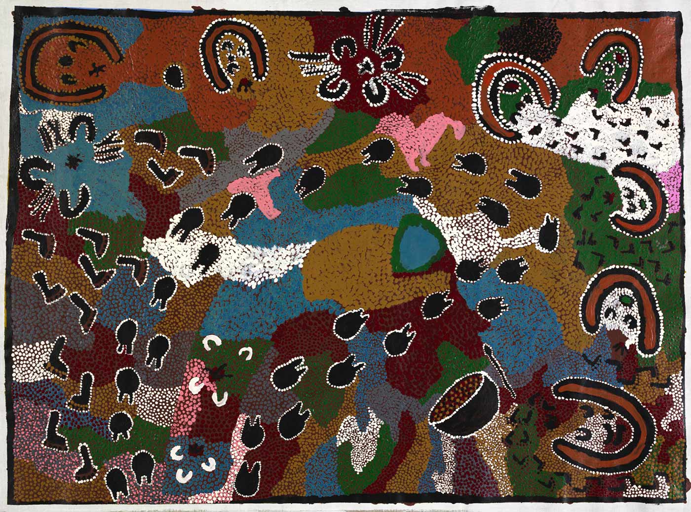 Aboriginal painting in ochres, blue and bright pink. - click to view larger image