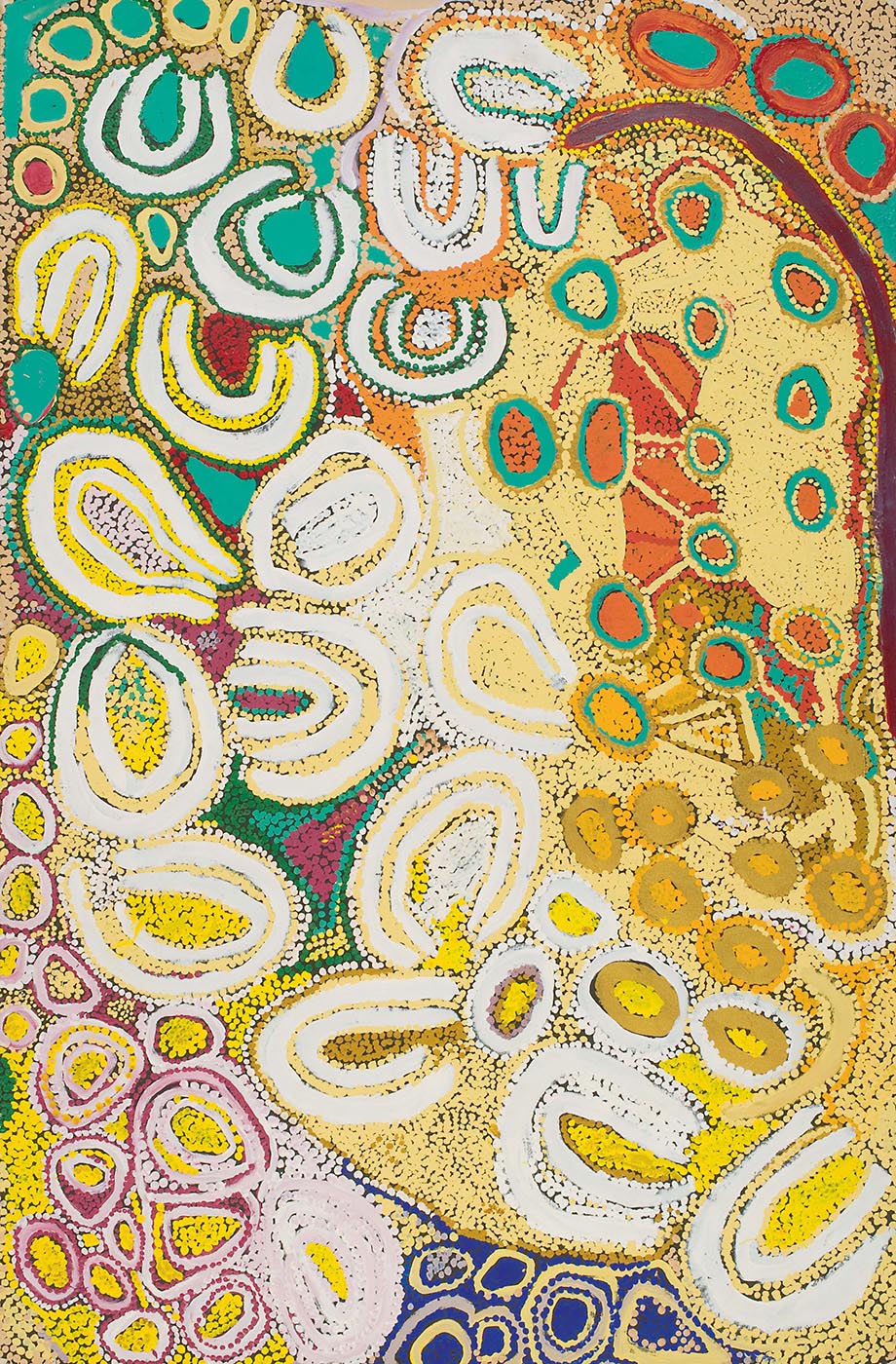 A textured acrylic painting on linen canvas with a curve of white concentric U shapes flowing from the lower left corner to the top right with a dotted background of pink, purple, yellow, red and green. In the top left are 17 variously sized oval-shaped concentric rings close together with yellow and green dots around them. The bottom right has a purple curved line with three green circles with orange, red and brown borders below it. In the lower central area there are circles in green with dotted orange centres and yellow circles with brown edges connected by lines on a background of cream, orange, yellow and brown dots. - click to view larger image