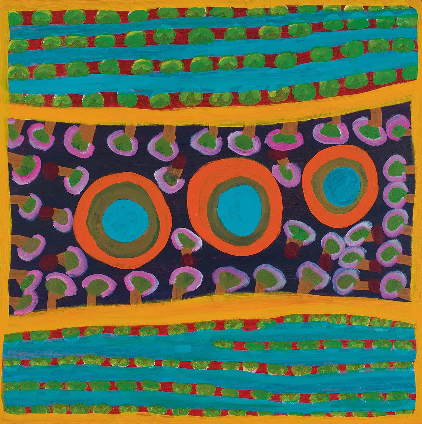 A square multicoloured painting on canvas divided into three horizontal segments, with three turquoise, green and orange concentric circles in a line across the centre, which rises slightly at the right side. These are surrounded by pink, brown and green tree-like motifs on a black background. Above and below this central section is a line of yellow then lines of turquoise separated by green discs on red stripes. - click to view larger image