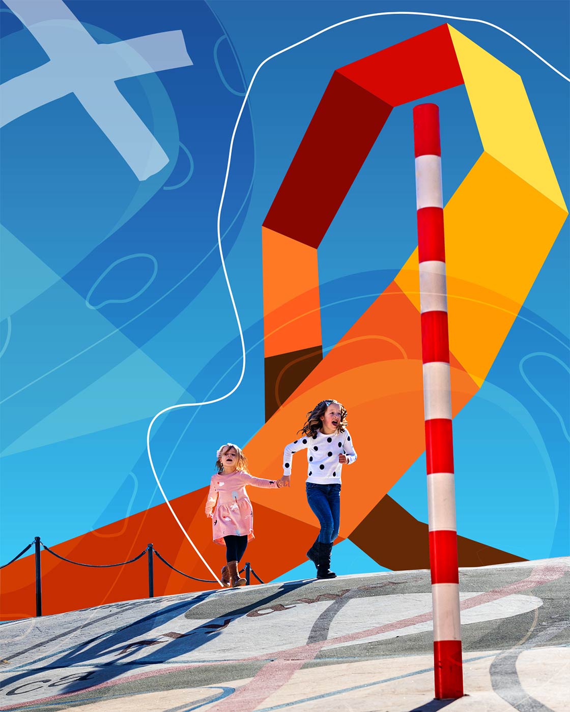 Composite image including two young girls holding hands and running, and various graphic art features.
