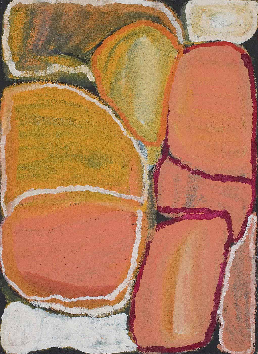 An orange toned painting on brown linen of boulder-like shapes on a black background. The left of the painting has an oval shape in yellow-orange and pink-orange with a white edge and horizontal line across the middle. Underneath this shape is a white filled shape while above it is a translucent shape in yellow-pink with a white edge. At the centre top is a rounded triangle shape of yellow-white with an orange edge. On the right of the painting is a stack of three orange-pink shapes with burgundy outlines, with a yellow-white shape above and a translucent orange shape in the bottom right corner. - click to view larger image