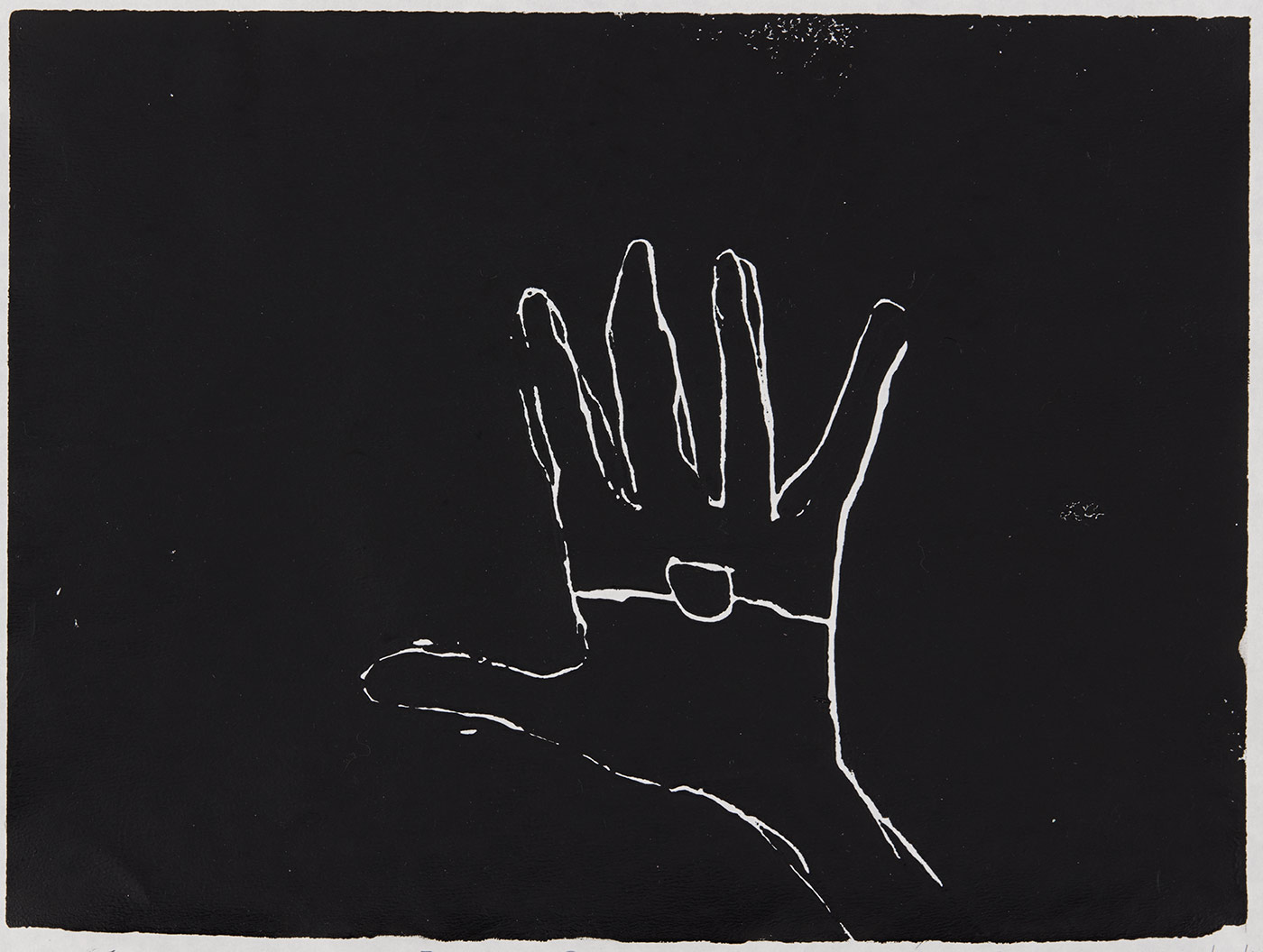 Print, black ink on white paper, depicting a hand with a line and a circle across the middle. Annotated in pencil 'FOREVER BLACK JONAS INGREY 11/12/19'. - click to view larger image