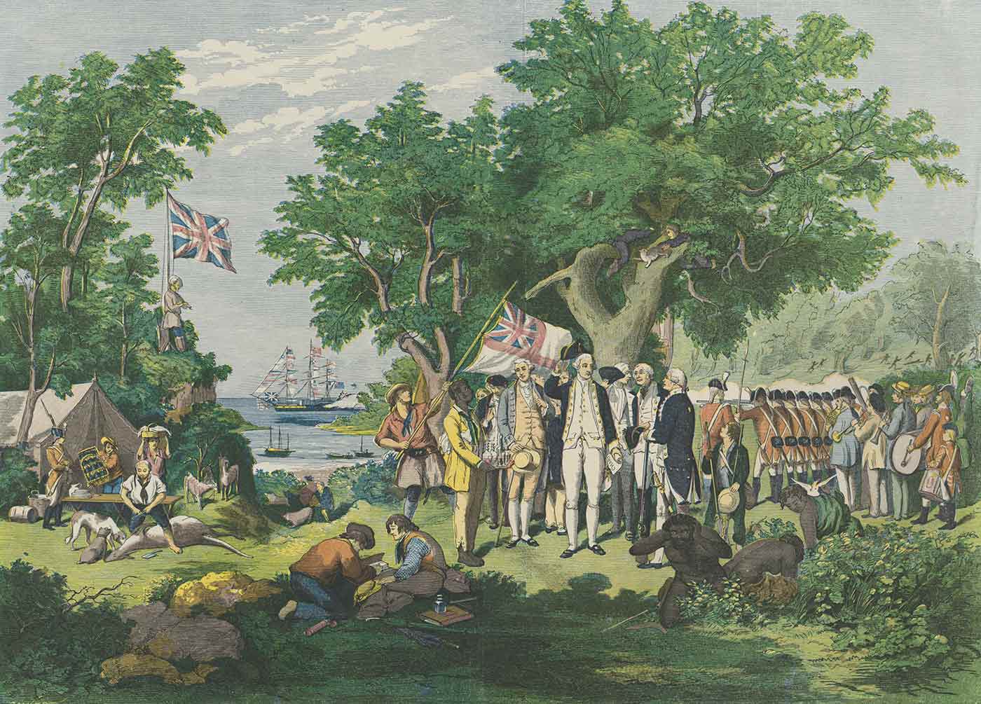 Captain Cook taking possession of the Australian continent on behalf of the British crown, AD 1770, under the name of New South Wales [picture] / drawn and engraved by Samuel Calvert from the great historical painting by Gilfillan in the possession of the Royal Society of Victoria. Published Illustrated Sydney news. 1865 Dec. - click to view larger image