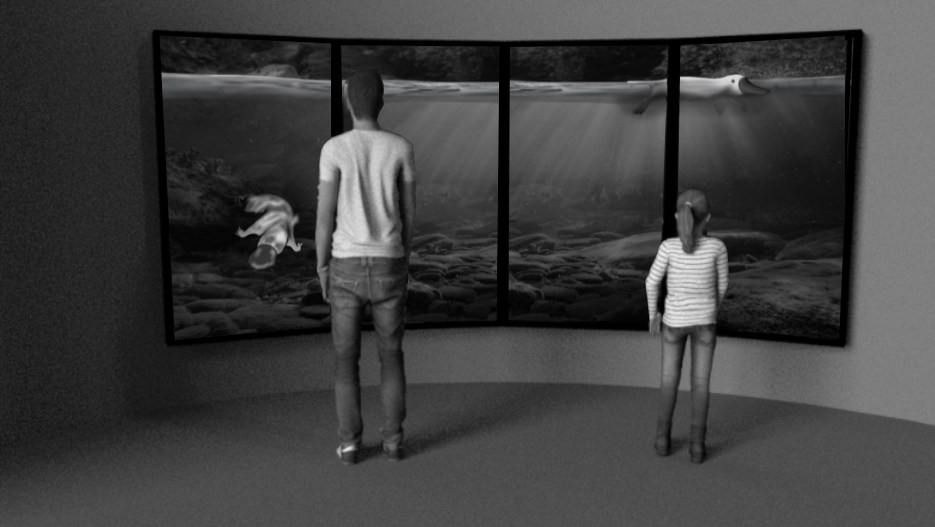 Digitally rendered image of two people watching two platypus swimming in a viewing tank. - click to view larger image