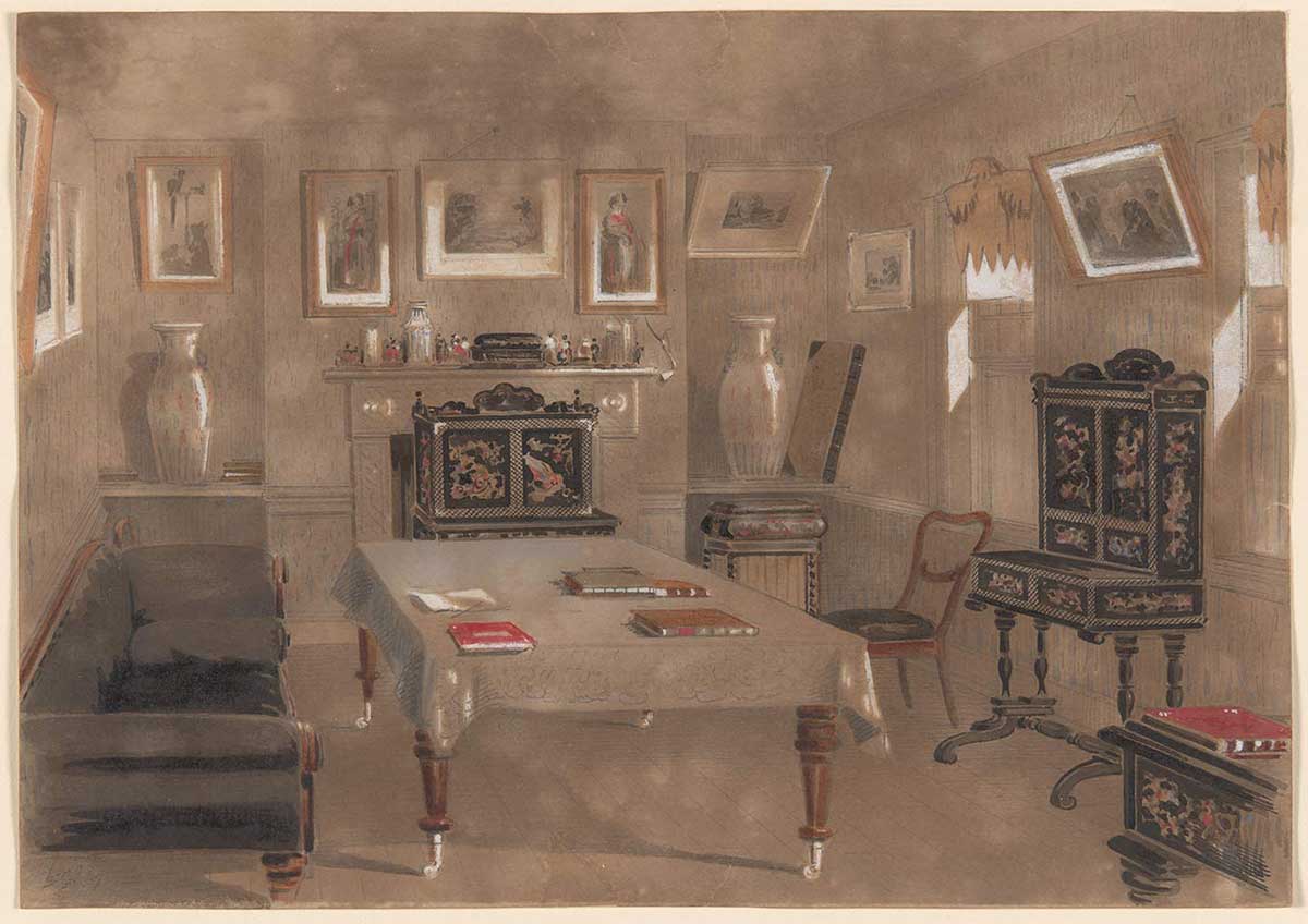 A watercolour painting in greys, browns and white with small sections of red depicting a drawing room. The room includes a table, a sofa, a chair, a fireplace, a cabinet and a number of paintings. Handwritten in pencil in the bottom left hand corner is 'S.T.G. / /57'. - click to view larger image