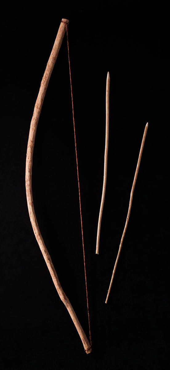 A wooden bow accompanied by two arrows. The bow is hand-carved from a tree branch. Attached at either end is a length of twisted copper wire. There are remnants of bark across the surface. Both arrows are hand carved out of twigs with one flat end and one pointed end. The wood of one arrow is light brown in colour with remnants of bark across the surface. Carved into the flat end of the arrow is a curved indent. The other arrow is medium brown in colour with remnants of bark across the surface. - click to view larger image