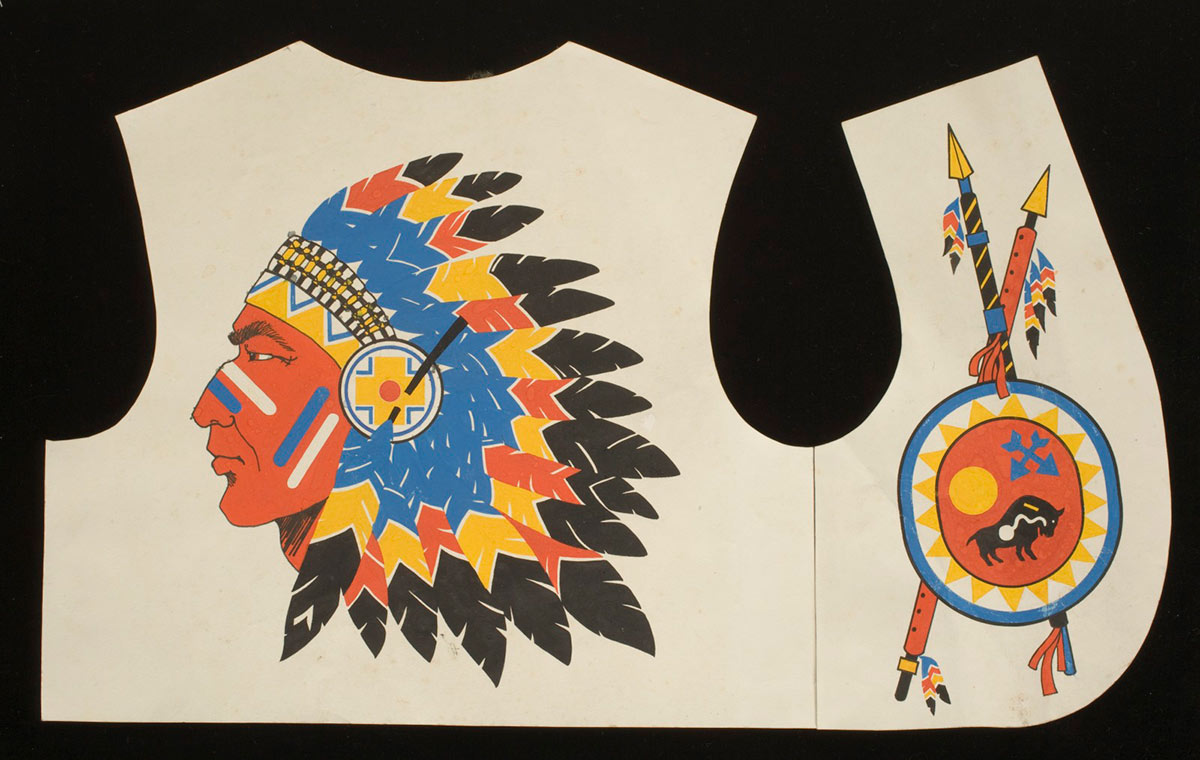 A painted artwork on paper depicting the head of a Native American man wearing a feathered headdress. The image is painted in black, white, yellow, orange and blue. Attached to the right side of the paper with adhesive tape is a second sheet of paper depicting a shield with two spears. - click to view larger image
