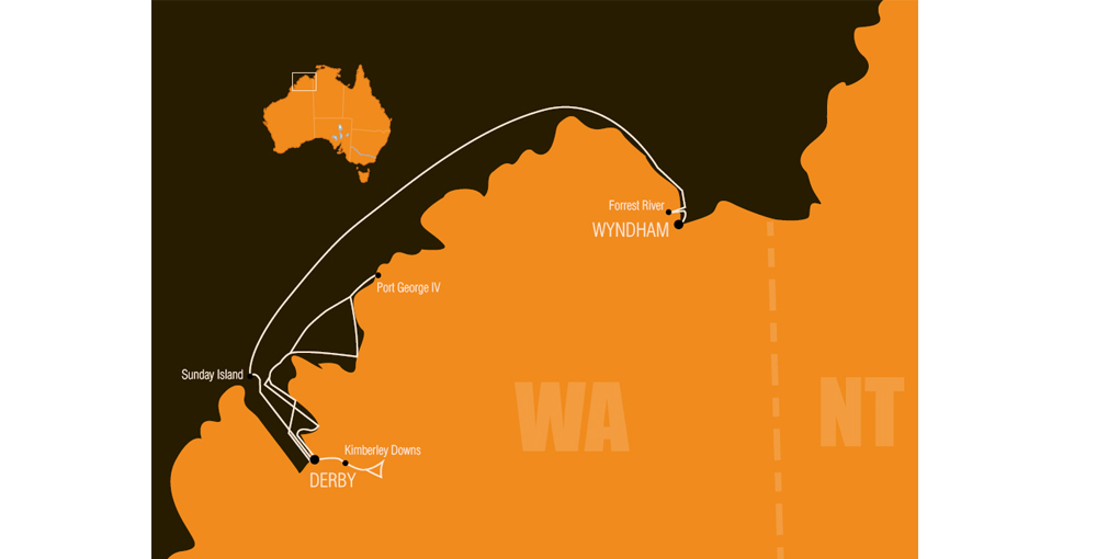 Map outlining the expedition in 1916. The stylised map shows the expedition routes between Wyndham and Derby in north west Western Australia. White lines show the overland and water routes taken to places such as Sunday Island, Forrest River and Kimberley Downs. A small map of Australia in the top left hand corner shows the main map area covered.