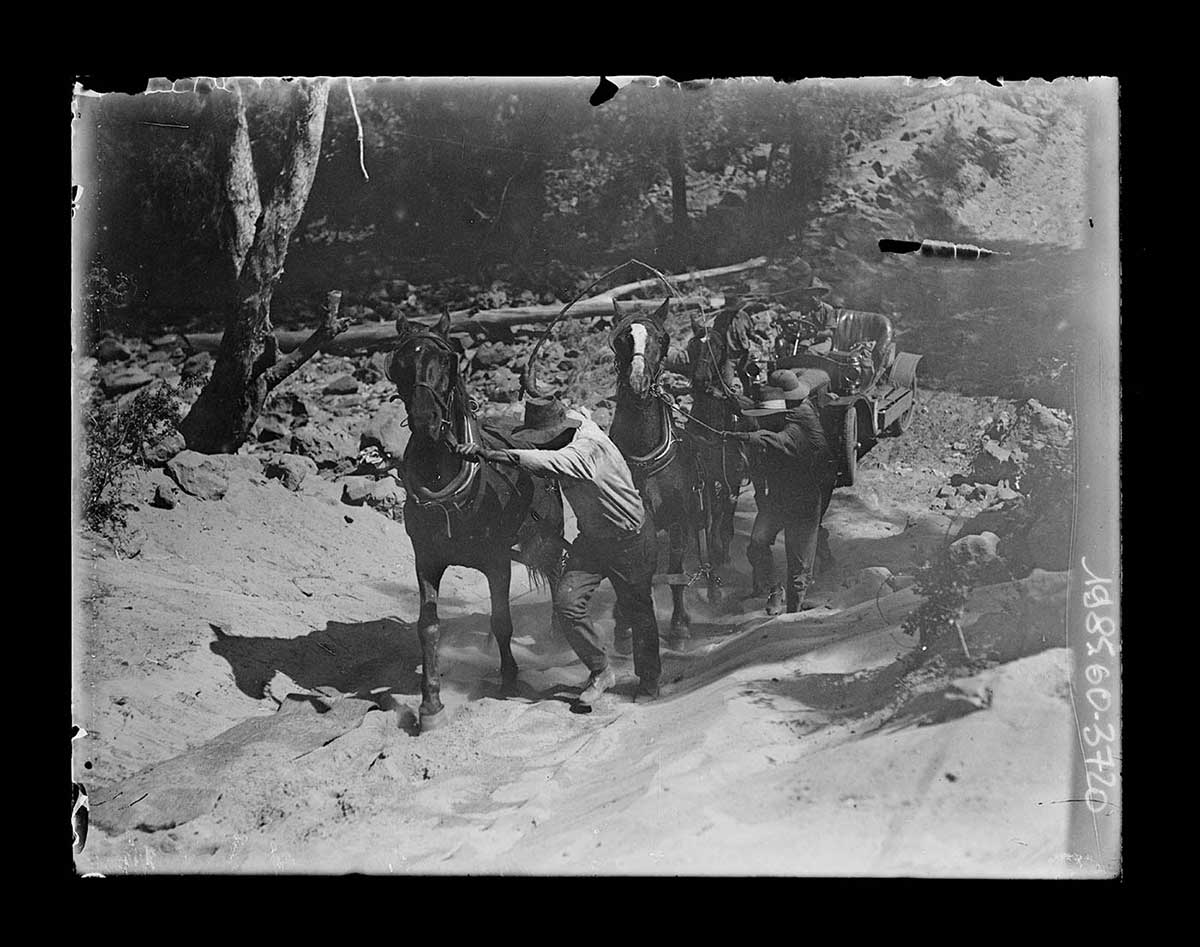 Crossing the Victoria River, Northern Territory 1922. Four horses, hitched one behind the other, struggle to pull an expedition car out of a difficult crossing. The crossing is rocky at its low point; the horses pull the car up a narrow sandy crossing approach path. Four men are with the horses while one drives the car. The man with the front horse uses a whip. In the centre and left background can be seen the boulder-strewn dry river bed and trees beyond it. - click to view larger image