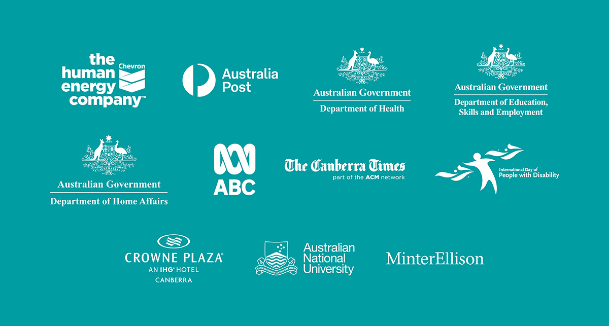 Logos of organisations supporting the Australian of the Year 2022 including Chevron, Australia Post, Australian Government Department of Health, Australian Government Department of Education, Skills and Employment, Australian Government Department of Home Affairs, ABC, The Canberra Times, International Day of People with Disability, Crowne Plaza, Australian National University, National Museum of Australia and MinterEllison.