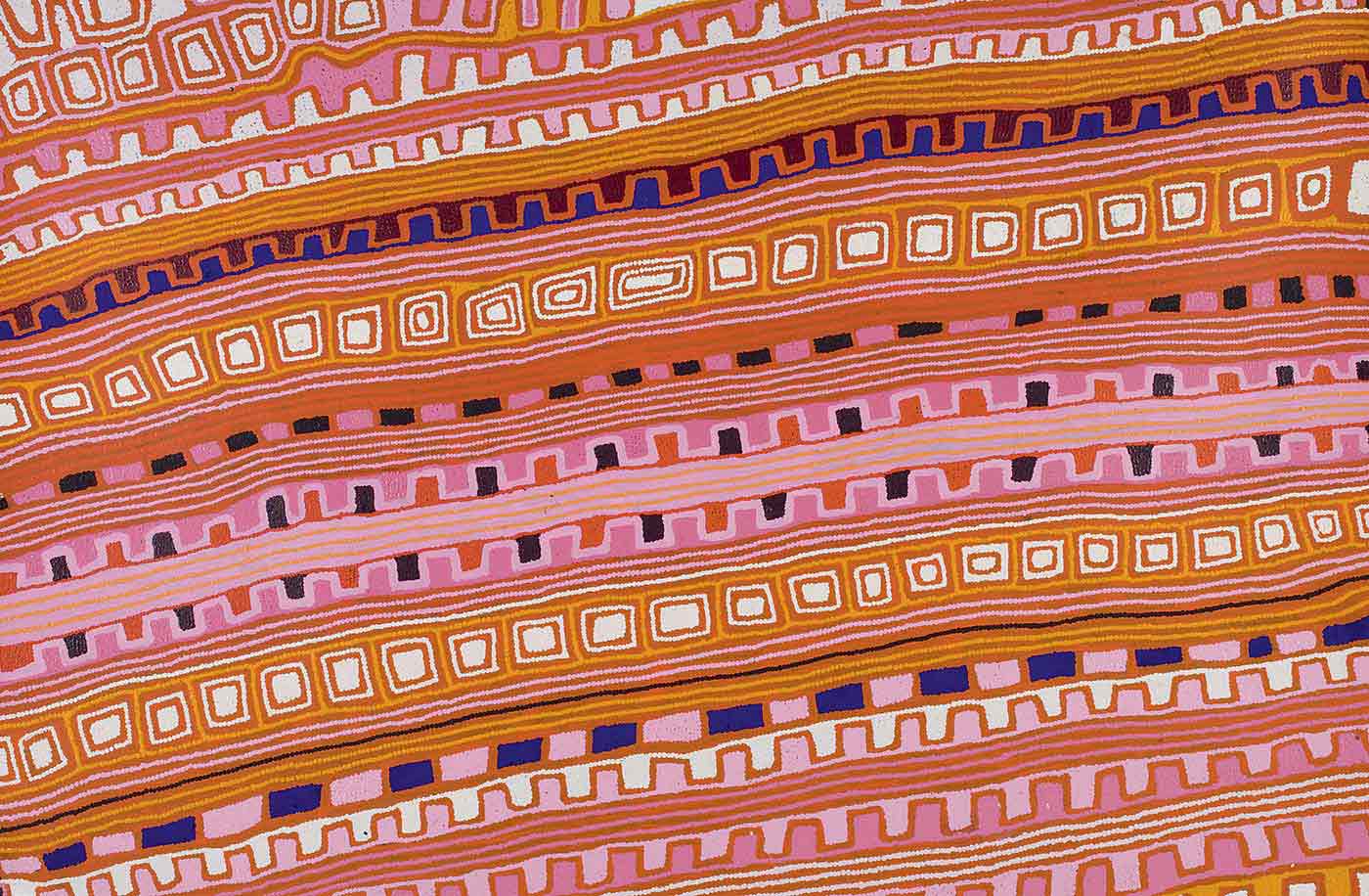 A pink toned horizontally striped textured painting on canvas with rows of geometric patterns of concentric squares, stripes, crenellated line and pattern blocks. The rows are slightly diagonal moving from the lower left corner to the upper right section. At the top there are lighter colours of white, orange, pale pink and yellow with squares, crenellated lines and stripes. Then there is a blue and maroon crenellated line. Below this the central section has orange, yellow, dark pink and a bit of white in brick pattern, squares, crenellation and stripes. The bottom section contains a row of alternate blue and pink rectangles then crenellation and stripes in pink, dark pink, orange brown, yellow and a little white. The bottom edge has the measurement '183 x 122cm' while the top edge has the code 'PO/112/DT'. In the bottom right corner is an arrow in blue marker. - click to view larger image