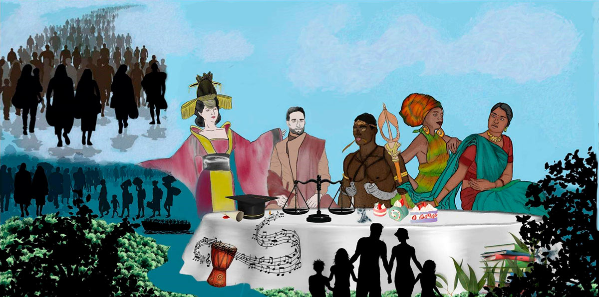 An artwork printed on white photo paper depicting five people from different cultural groups gathered at a table. On the table are cakes, a set of scales, and a graduation hat. In the background is a blue sky with a several crowds of people near the top left corner. - click to view larger image